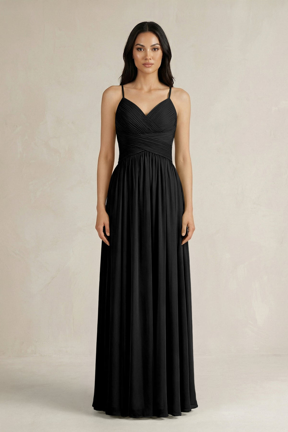 A - Line Pleated Spaghetti Strap Chiffon Bridesmaid Dress in Black - SHE IS ME Bridesmaid Dresses