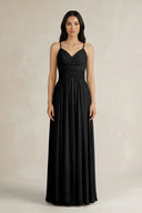 A - Line Pleated Spaghetti Strap Chiffon Bridesmaid Dress in Black - SHE IS ME Bridesmaid Dresses