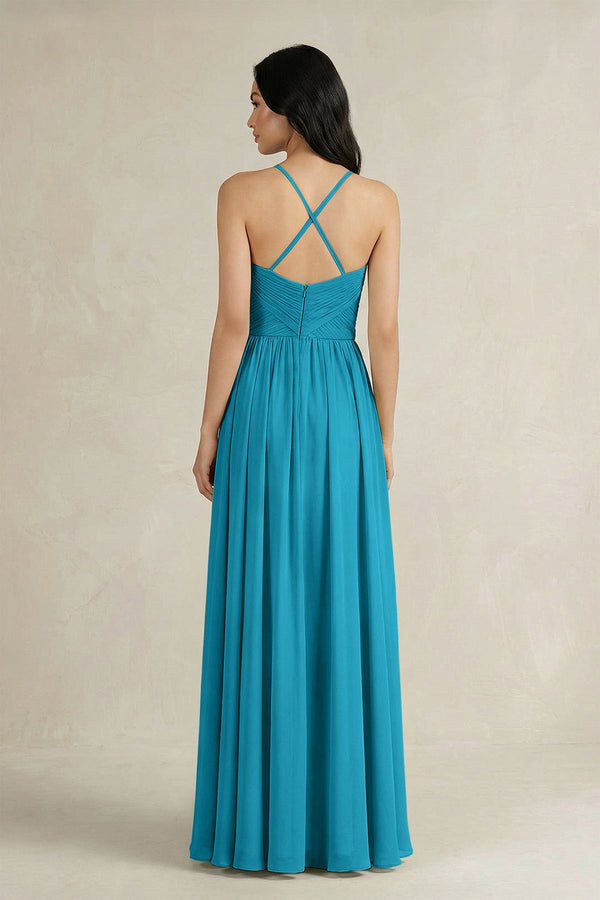 A - Line Pleated Spaghetti Strap Chiffon Bridesmaid Dress in Blue Jay - SHE IS ME Bridesmaid Dresses