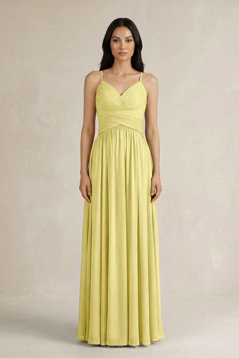 A - Line Pleated Spaghetti Strap Chiffon Bridesmaid Dress in Buttercup - SHE IS ME Bridesmaid Dresses