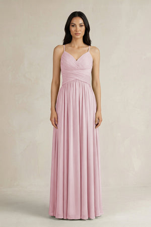 A - Line Pleated Spaghetti Strap Chiffon Bridesmaid Dress in Candy Pink - SHE IS ME Bridesmaid Dresses