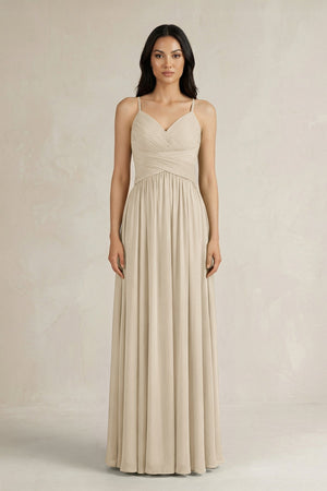 A - Line Pleated Spaghetti Strap Chiffon Bridesmaid Dress in Champagne - SHE IS ME Bridesmaid Dresses