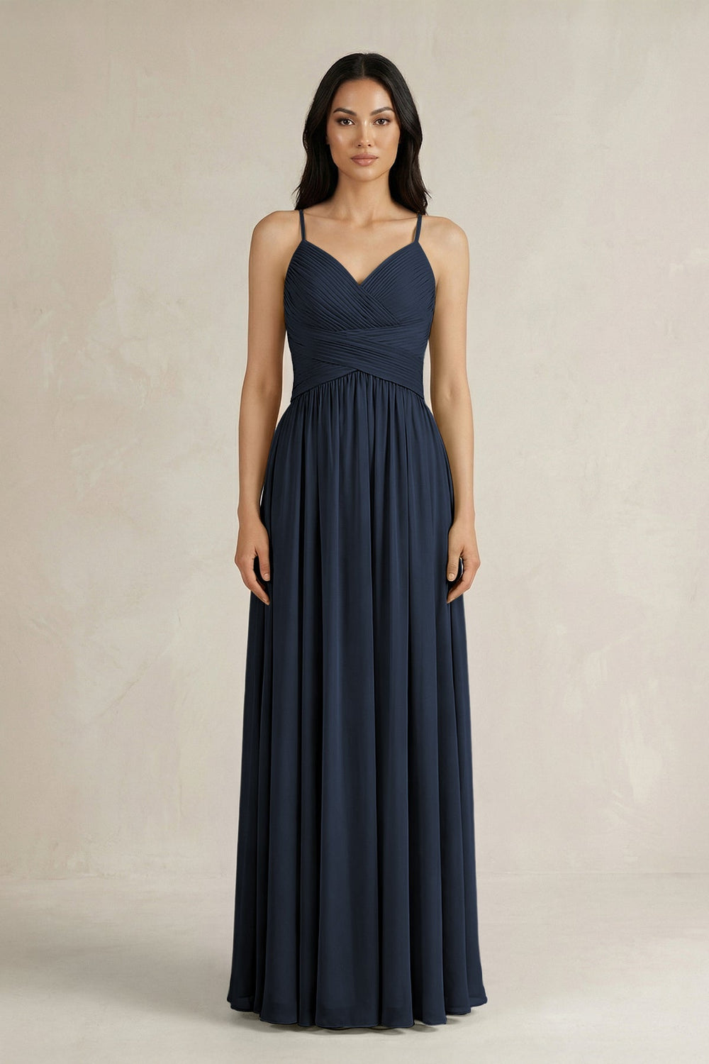 A - Line Pleated Spaghetti Strap Chiffon Bridesmaid Dress in Dark Navy - SHE IS ME Bridesmaid Dresses