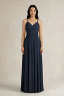 A - Line Pleated Spaghetti Strap Chiffon Bridesmaid Dress in Dark Navy - SHE IS ME Bridesmaid Dresses