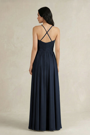 A - Line Pleated Spaghetti Strap Chiffon Bridesmaid Dress in Dark Navy - SHE IS ME Bridesmaid Dresses