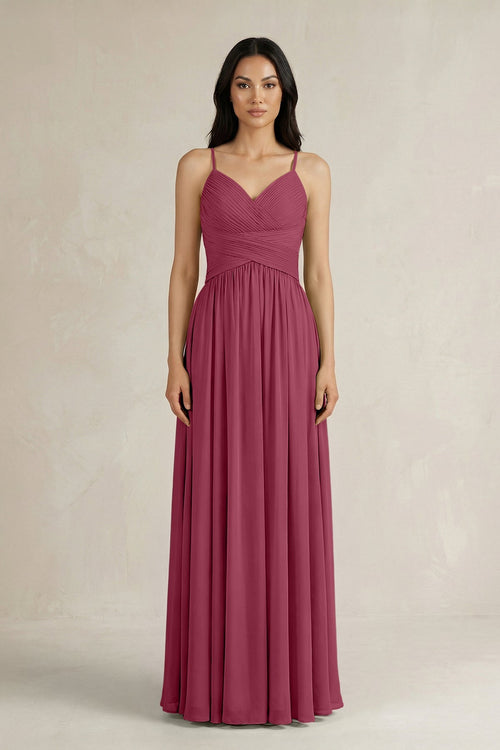 A - Line Pleated Spaghetti Strap Chiffon Bridesmaid Dress in Desert Rose - SHE IS ME Bridesmaid Dresses