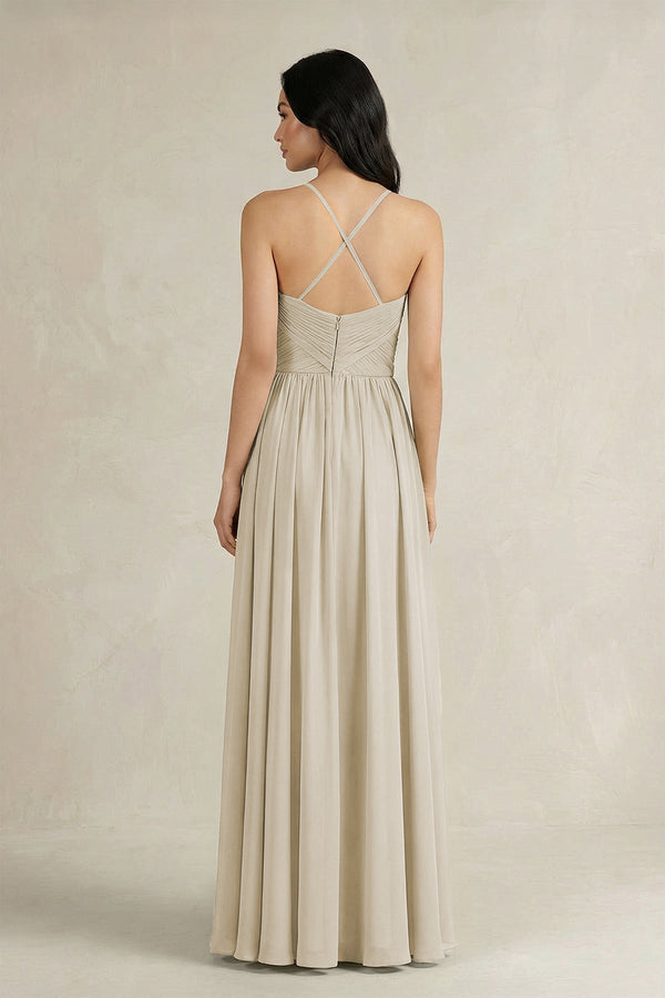A - Line Pleated Spaghetti Strap Chiffon Bridesmaid Dress in Dove Gray - SHE IS ME Bridesmaid Dresses