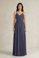 A - Line Pleated Spaghetti Strap Chiffon Bridesmaid Dress in Dusk Blue - SHE IS ME Bridesmaid Dresses