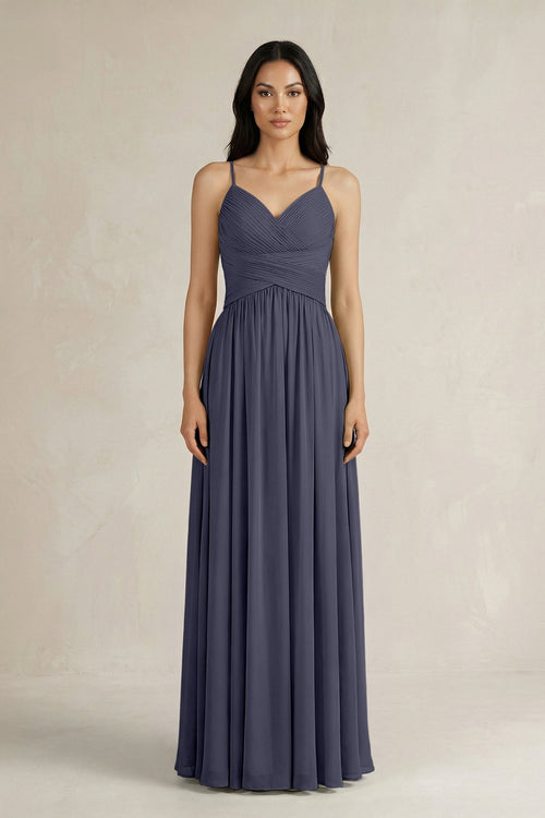 A - Line Pleated Spaghetti Strap Chiffon Bridesmaid Dress in Dusk Blue - SHE IS ME Bridesmaid Dresses