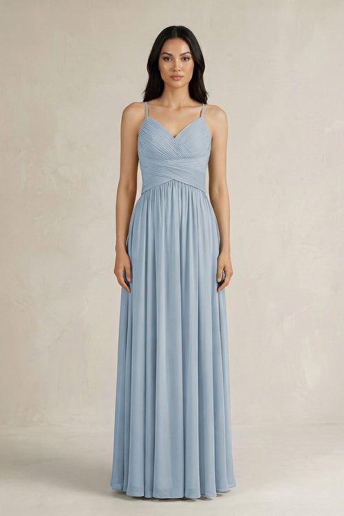 A - Line Pleated Spaghetti Strap Chiffon Bridesmaid Dress in Dusty Blue - SHE IS ME Bridesmaid Dresses