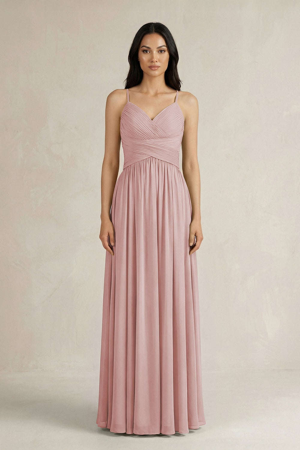 A - Line Pleated Spaghetti Strap Chiffon Bridesmaid Dress in Dusty Rose - SHE IS ME Bridesmaid Dresses