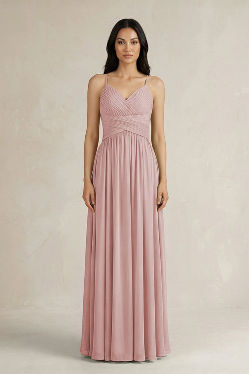 A - Line Pleated Spaghetti Strap Chiffon Bridesmaid Dress in Dusty Rose - SHE IS ME Bridesmaid Dresses
