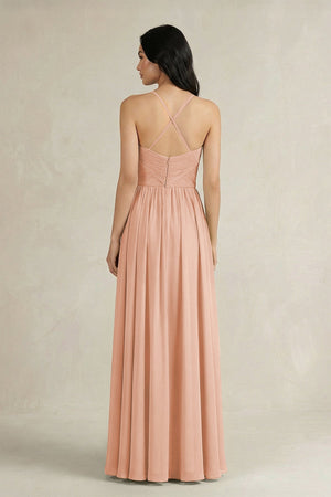 A - Line Pleated Spaghetti Strap Chiffon Bridesmaid Dress in English Rose - SHE IS ME Bridesmaid Dresses