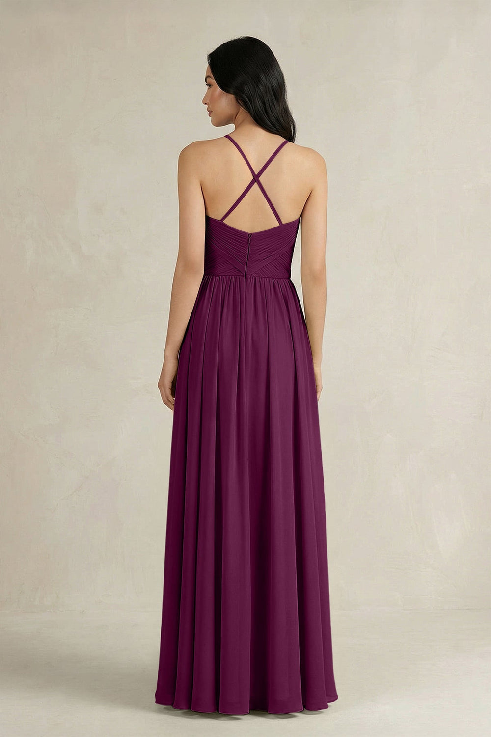 A - Line Pleated Spaghetti Strap Chiffon Bridesmaid Dress in Fig - SHE IS ME Bridesmaid Dresses