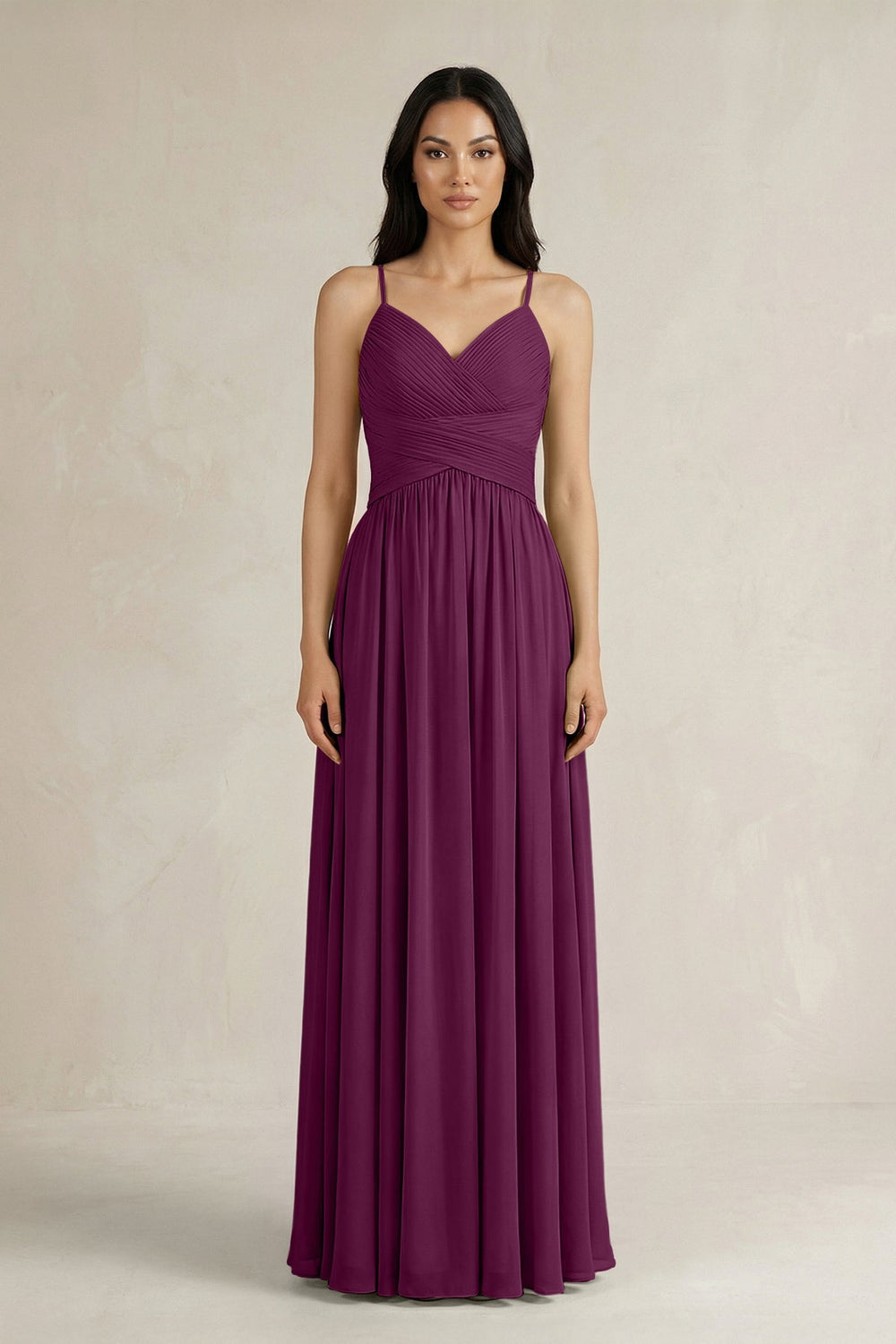 A - Line Pleated Spaghetti Strap Chiffon Bridesmaid Dress in Fig - SHE IS ME Bridesmaid Dresses