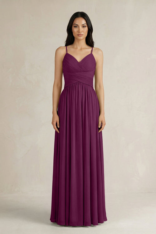 A - Line Pleated Spaghetti Strap Chiffon Bridesmaid Dress in Fig - SHE IS ME Bridesmaid Dresses