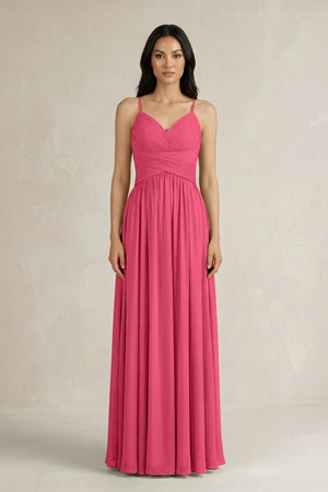 A - Line Pleated Spaghetti Strap Chiffon Bridesmaid Dress in Fuchsia - SHE IS ME Bridesmaid Dresses