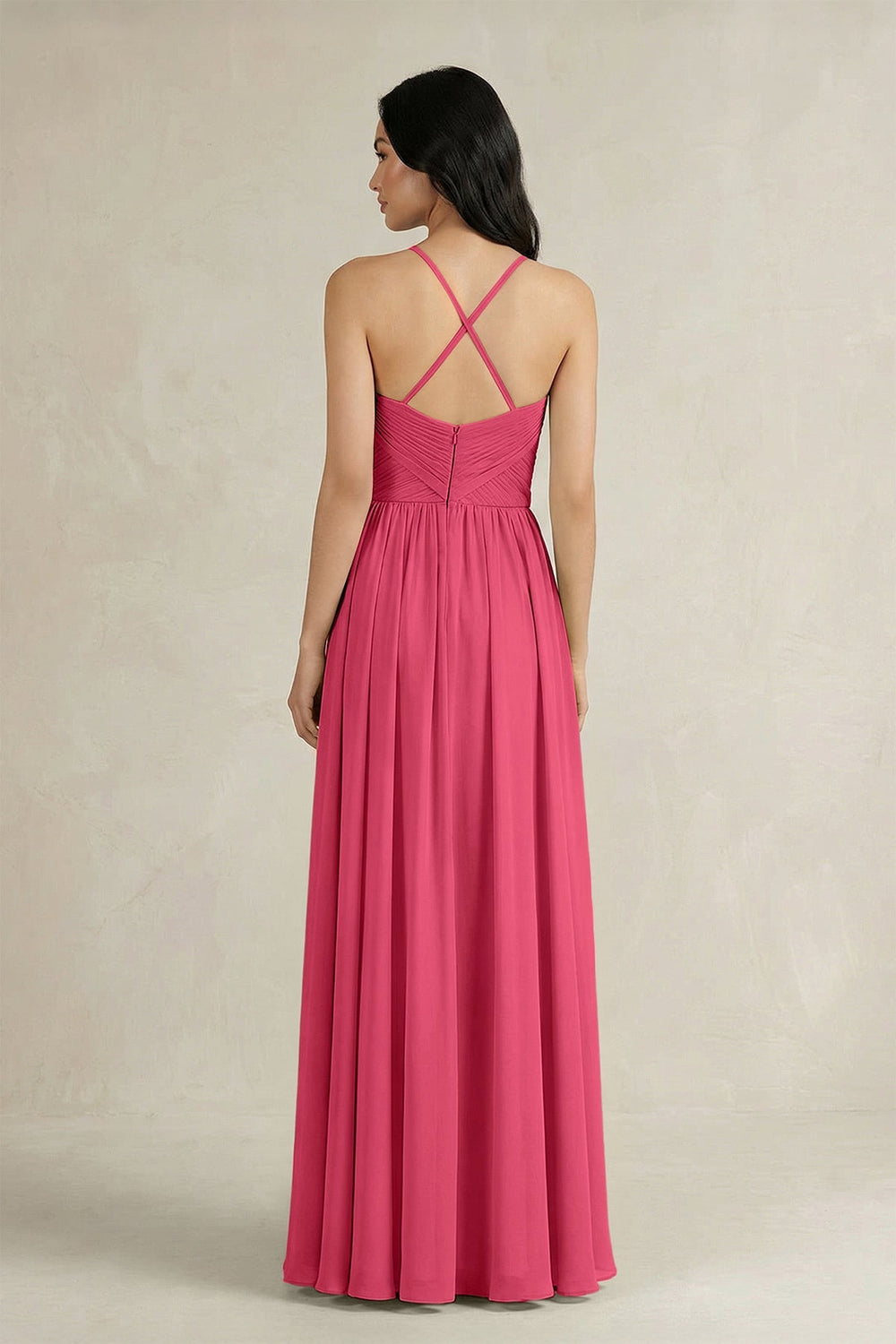 A - Line Pleated Spaghetti Strap Chiffon Bridesmaid Dress in Fuchsia - SHE IS ME Bridesmaid Dresses