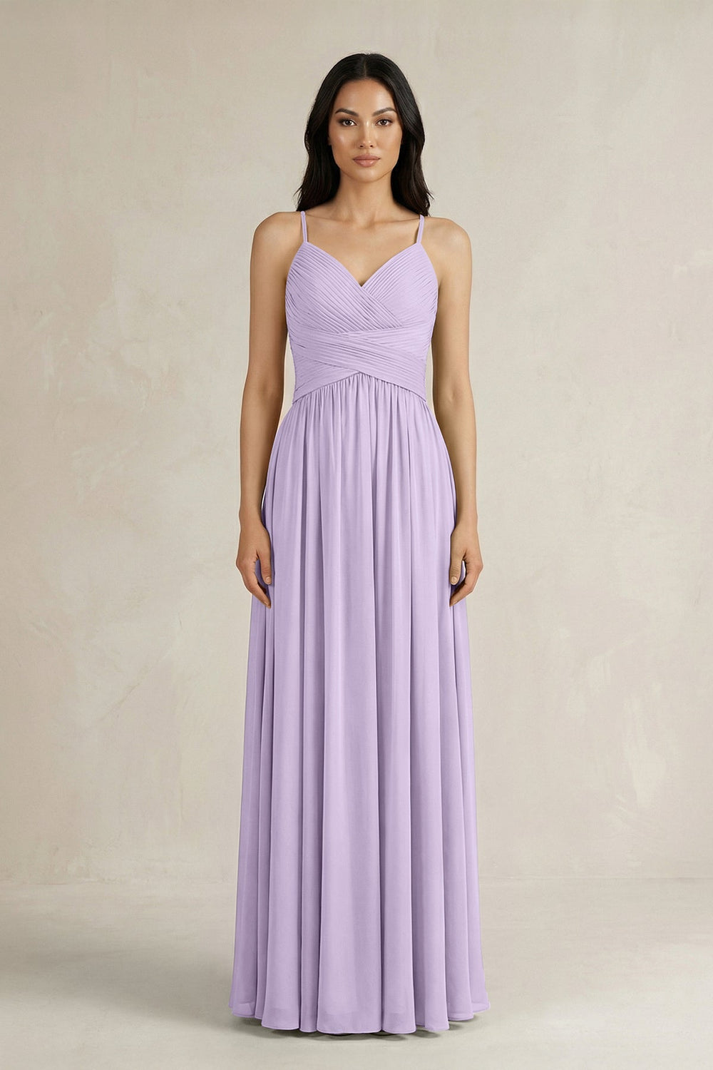 A - Line Pleated Spaghetti Strap Chiffon Bridesmaid Dress in Lavender - SHE IS ME Bridesmaid Dresses