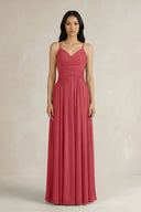 A - Line Pleated Spaghetti Strap Chiffon Bridesmaid Dress in Merlot - SHE IS ME Bridesmaid Dresses