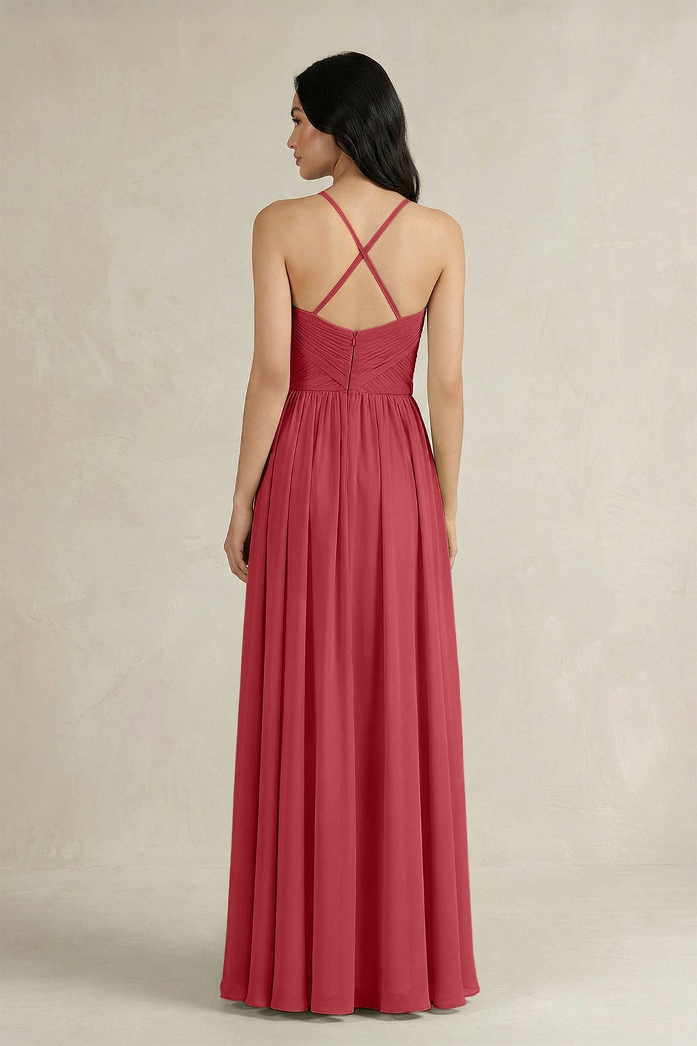 A - Line Pleated Spaghetti Strap Chiffon Bridesmaid Dress in Merlot - SHE IS ME Bridesmaid Dresses