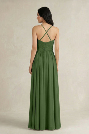 A - Line Pleated Spaghetti Strap Chiffon Bridesmaid Dress in Moss - SHE IS ME Bridesmaid Dresses