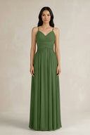A - Line Pleated Spaghetti Strap Chiffon Bridesmaid Dress in Moss - SHE IS ME Bridesmaid Dresses