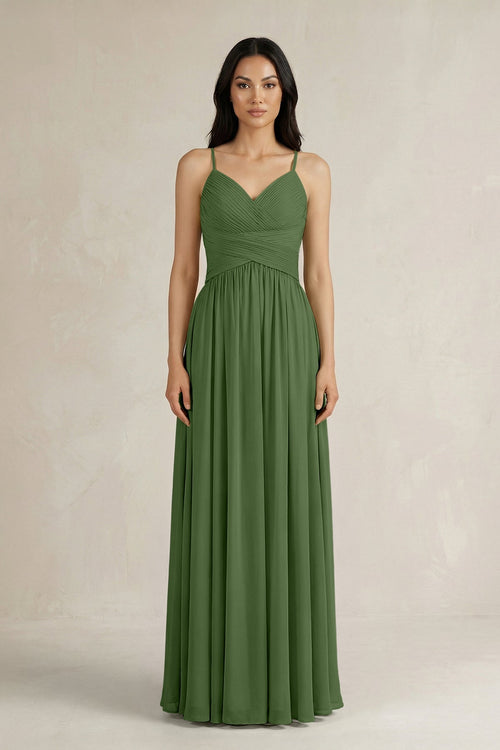 A - Line Pleated Spaghetti Strap Chiffon Bridesmaid Dress in Moss - SHE IS ME Bridesmaid Dresses