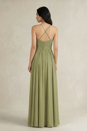 A - Line Pleated Spaghetti Strap Chiffon Bridesmaid Dress in Moss Green - SHE IS ME Bridesmaid Dresses