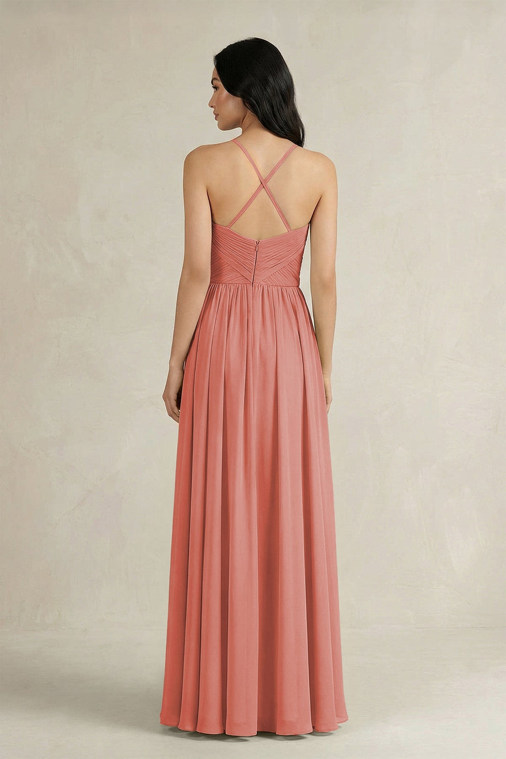 A - Line Pleated Spaghetti Strap Chiffon Bridesmaid Dress in Mulberry - SHE IS ME Bridesmaid Dresses