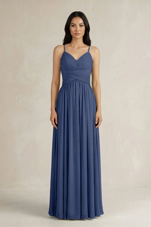 A - Line Pleated Spaghetti Strap Chiffon Bridesmaid Dress in Navy - SHE IS ME Bridesmaid Dresses