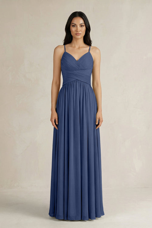 A - Line Pleated Spaghetti Strap Chiffon Bridesmaid Dress in Navy - SHE IS ME Bridesmaid Dresses