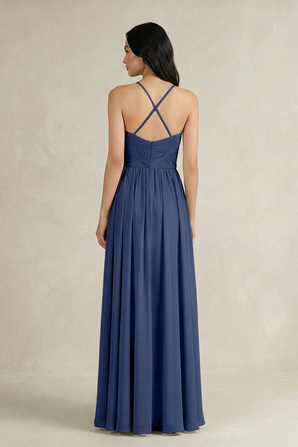 A - Line Pleated Spaghetti Strap Chiffon Bridesmaid Dress in Navy - SHE IS ME Bridesmaid Dresses