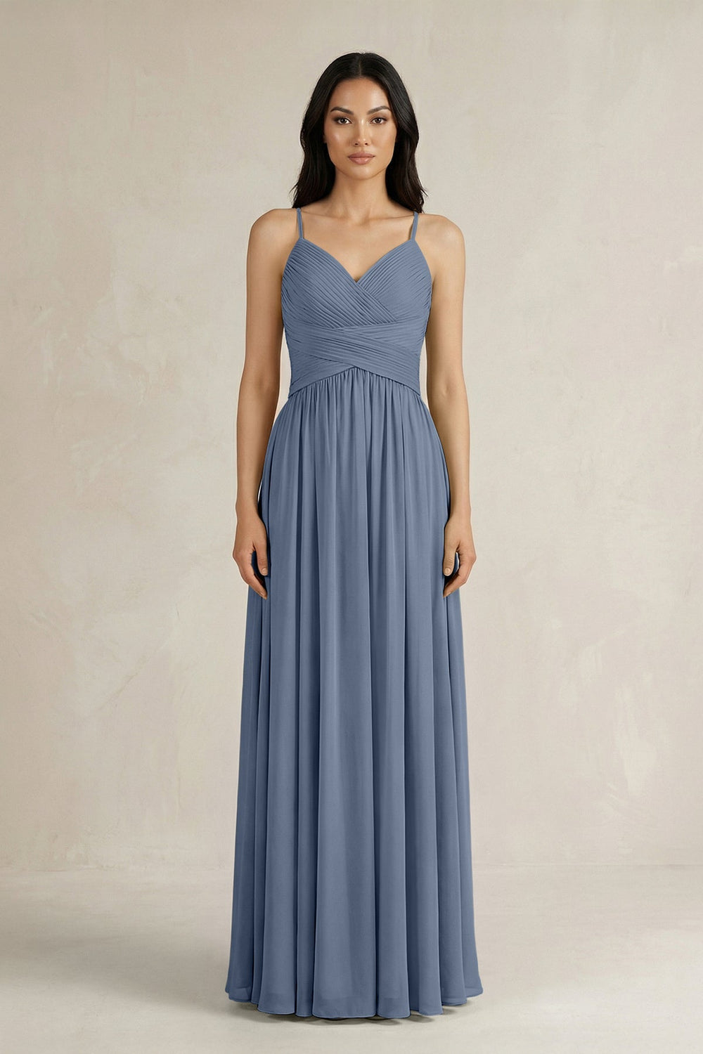 A - Line Pleated Spaghetti Strap Chiffon Bridesmaid Dress in Neptune - SHE IS ME Bridesmaid Dresses
