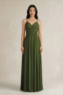 A - Line Pleated Spaghetti Strap Chiffon Bridesmaid Dress in Olive - SHE IS ME Bridesmaid Dresses