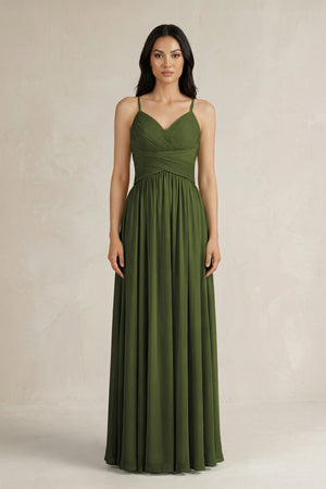 A - Line Pleated Spaghetti Strap Chiffon Bridesmaid Dress in Olive - SHE IS ME Bridesmaid Dresses