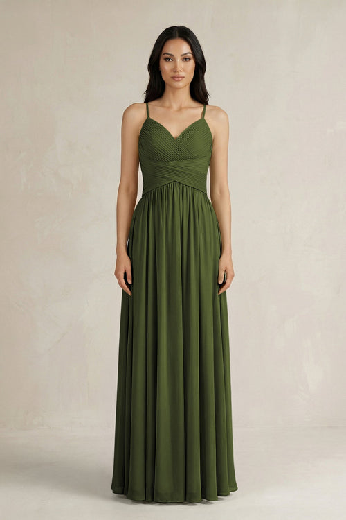 A - Line Pleated Spaghetti Strap Chiffon Bridesmaid Dress in Olive - SHE IS ME Bridesmaid Dresses