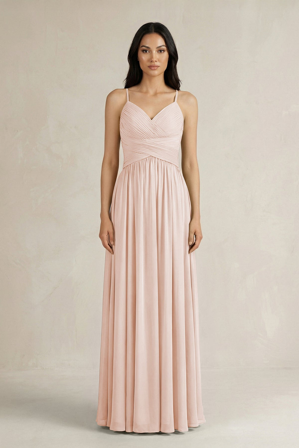 A - Line Pleated Spaghetti Strap Chiffon Bridesmaid Dress in Pale Blush - SHE IS ME Bridesmaid Dresses