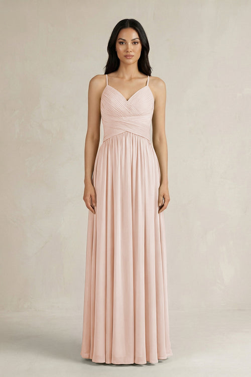 A - Line Pleated Spaghetti Strap Chiffon Bridesmaid Dress in Pale Blush - SHE IS ME Bridesmaid Dresses
