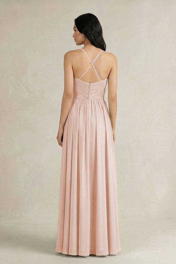 A - Line Pleated Spaghetti Strap Chiffon Bridesmaid Dress in Pale Blush - SHE IS ME Bridesmaid Dresses