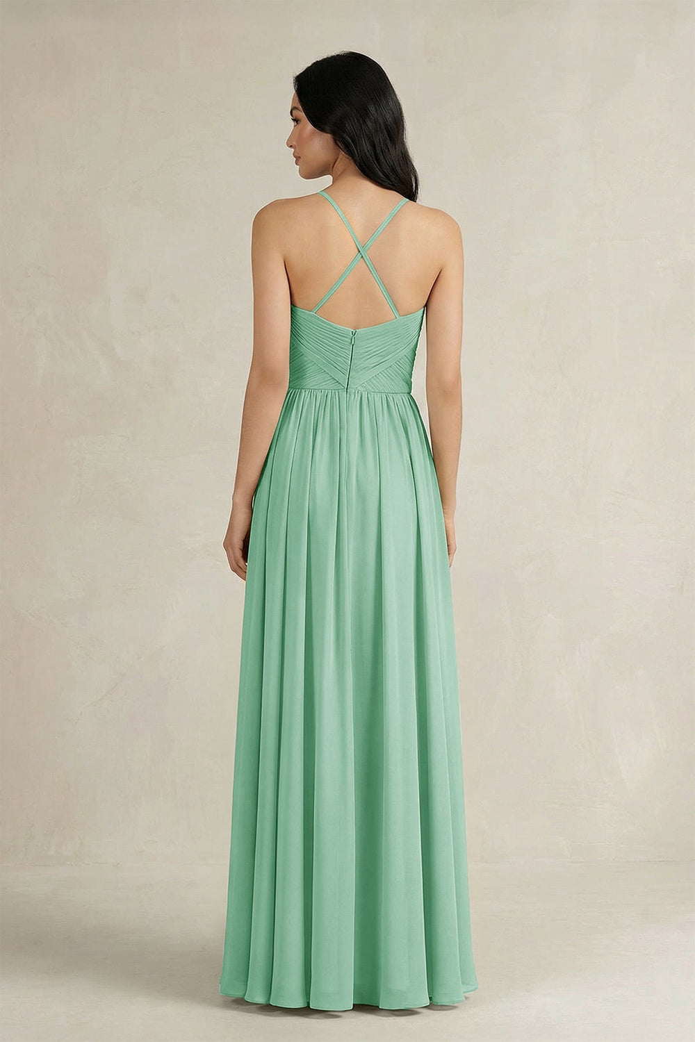 A - Line Pleated Spaghetti Strap Chiffon Bridesmaid Dress in Pale Pistachio - SHE IS ME Bridesmaid Dresses