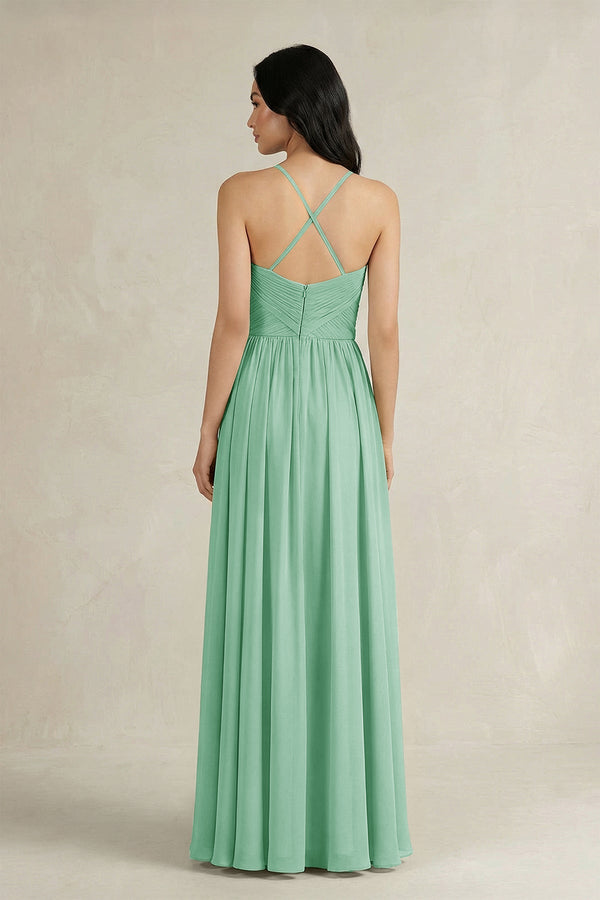 A - Line Pleated Spaghetti Strap Chiffon Bridesmaid Dress in Pale Pistachio - SHE IS ME Bridesmaid Dresses