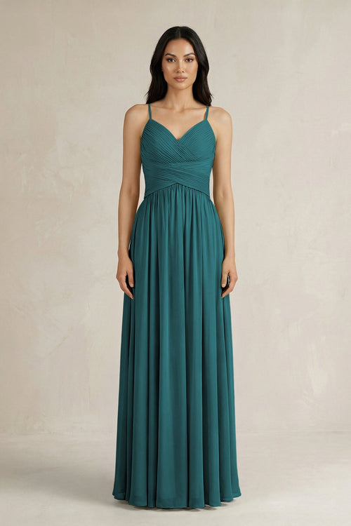 A - Line Pleated Spaghetti Strap Chiffon Bridesmaid Dress in Pine - SHE IS ME Bridesmaid Dresses