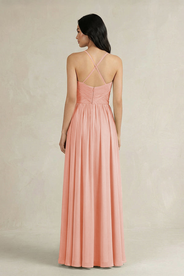A - Line Pleated Spaghetti Strap Chiffon Bridesmaid Dress in Rose Petal - SHE IS ME Bridesmaid Dresses