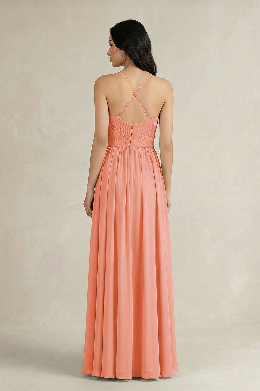 A - Line Pleated Spaghetti Strap Chiffon Bridesmaid Dress in Rosette - SHE IS ME Bridesmaid Dresses
