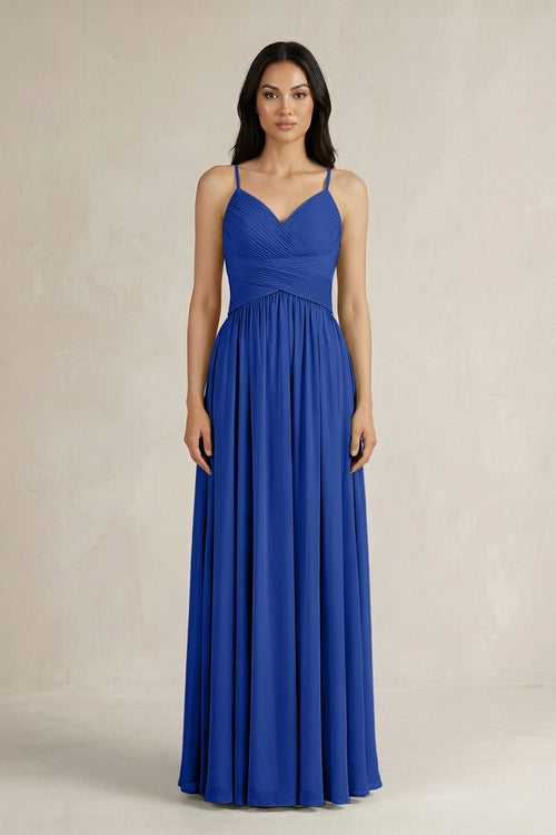 A - Line Pleated Spaghetti Strap Chiffon Bridesmaid Dress in Royal Blue - SHE IS ME Bridesmaid Dresses