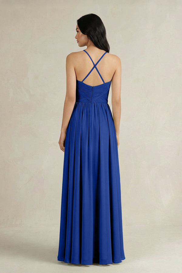 A - Line Pleated Spaghetti Strap Chiffon Bridesmaid Dress in Royal Blue - SHE IS ME Bridesmaid Dresses