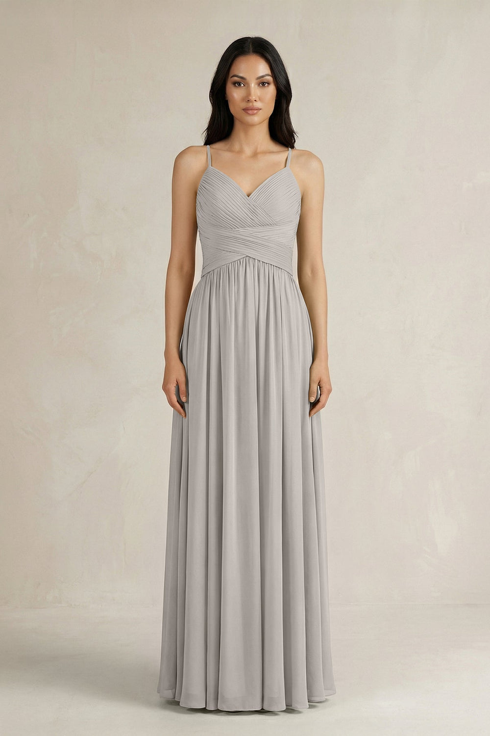 A - Line Pleated Spaghetti Strap Chiffon Bridesmaid Dress in Silver - SHE IS ME Bridesmaid Dresses