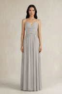 A - Line Pleated Spaghetti Strap Chiffon Bridesmaid Dress in Silver - SHE IS ME Bridesmaid Dresses