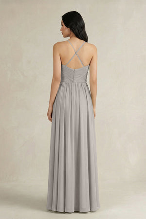 A - Line Pleated Spaghetti Strap Chiffon Bridesmaid Dress in Silver - SHE IS ME Bridesmaid Dresses